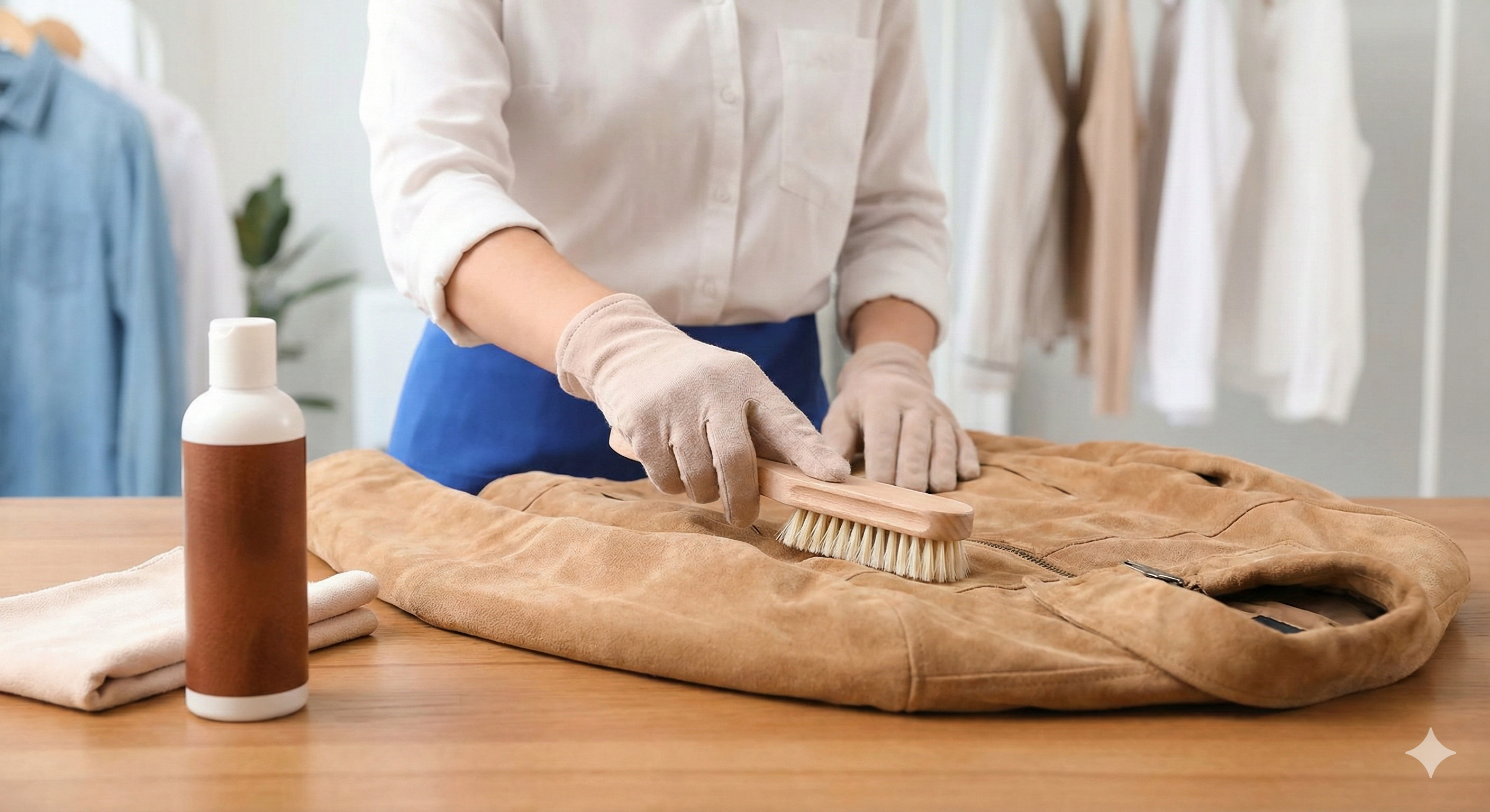 Careful brushing and handling of a premium jacket on a worktable